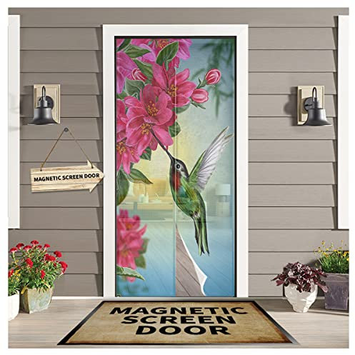 Hokiten Fliegengittertür, 96,5 x 210,8 cm, Frühlingskolibri, rote Blumen, Morgentürschutz, Magnetverschluss, Sonnenschein, Sommer, Vögel, freihändig, magnetische Fliegengittertür für