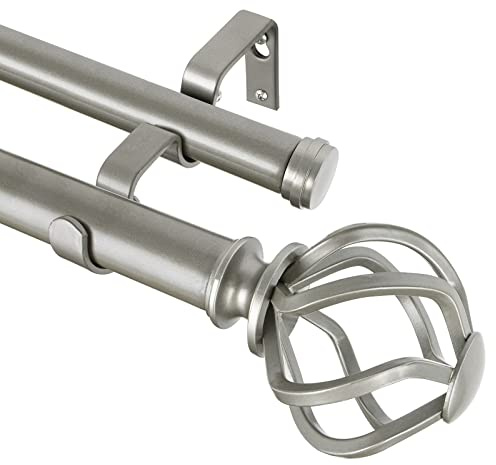 KAMANINA 1 Inch Double Curtain Rods 36 to 72 Inches (3-6 Feet) Window Telescoping Drapery Rod, Antique Sliver Heavy Duty Curtain Rods for Windows, Twisted Cage Finials