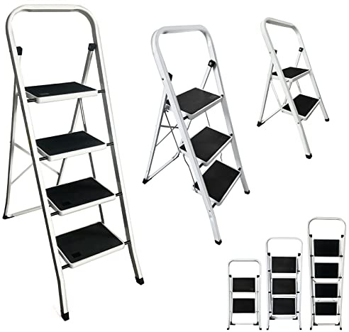 Folding Ladder 3 Step Heavy Duty Steel Stepladders 3 Tread Foldable with Handrail Safety Step Ladder for Indoor Outdoor Household Office Use