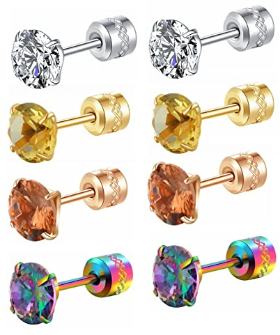 4 Stück Titan Schraubverschluss Chirurgenstahl Ohrringe Quadratische Ohrstecker Hypoallergen 5A Regenbogen CZ Helix Piercing Schmuck Knorpel Ohrringe für empfindliche Ohren Schmuck Geschenke