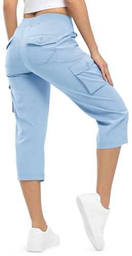 TBMPOY Womens Hiking Pants Cargo Capris for Women 6 Pockets Quick Dry Casual Outdoor Trip Loose Shorts Cropped Cotton Baby Blue L