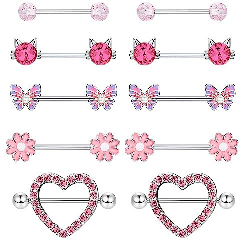 JeryWe 5 Paare 14G Nippelringe für Frauen Mädchen 316L Edelstahl Brustwarzenpiercing Schmuck CZ Blume Herz Schmetterling Nippelringe SetRosa