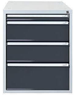PROREGAL Schubladenbox mit 4 Schubladen für Werkbank Rhino | HxBxT 65x53x70cm | Traglast 60kg | Lichtgrau/Anthrazitgrau | Werkbankzubehör, Baukastensystem, Stahlschublade