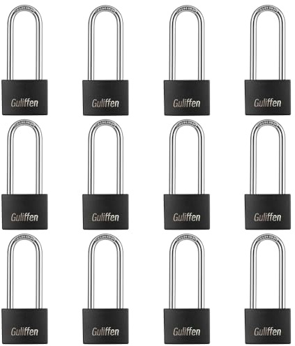 Guliffen Aluminum Pad Lock, 12 Pack Long Shackle Padlocks with Same Key, Gym Locker Lock of Metal for Outdoor Fence，Sheds, Storage Unit, Gate, Toolbox,Trailer，Garages