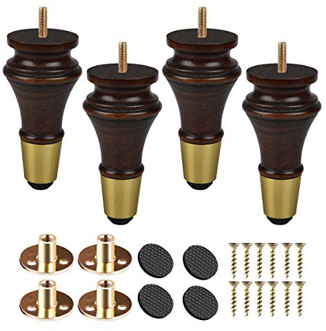 Btowin 6 inch Solid Wood Spool Furniture Legs with M8 Bolts, Wenge 4-Pack | Classic Design Gold Brass Base, Includes Mounting Plate & Screws for Easy DIY Installation on Sofas, Cabinets and Ottomans