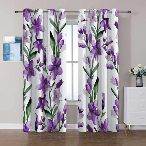 Vorhang Bemalte Lila Blumen Verdunkelungsvorhänge mit Ösen Vorhänge Blickdicht Kälte- Und Wärmeisolierung Balkon Schlafzimmer Vorhangschals 2er Set B75 x H166 cm