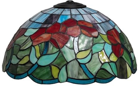 BOTOWI Pantalla de lámpara Tiffany 20 de Ancho Accesorios Reemplazo Vidriera Rojo Rosa Azul Flor Pantalla de pájaro Vintage Pastoral Romance Cubierta de luz Solo para lámpara de Mesa pie,Rojo