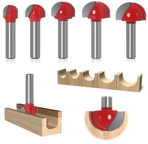Aoreun Schaft Hartmetall Oberfräser Hohlkehlfräser, 5 tlg 8 mm Schaft Oberfräser Hohlkehlfräser Rund Nase Cove Core Box Fräser kugelfräser Holzbearbeitung Fräser(Ø 12/16/19/22/25 mm)