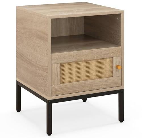 COSTWAY Rattan Bedside Table, Wooden Nightstand Sofa Side Table with Open Storage Shelf, Rattan Door and Metal Legs, Boho Bedside Cabinet Accent End Table for Living Room Bedroom, 40x40x57cm (1)