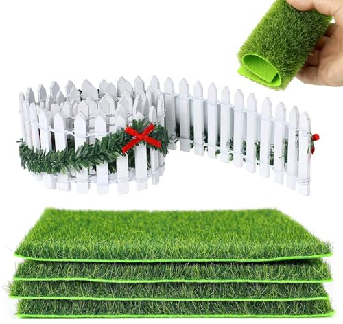 5 Pièces Accessoires Jardin Miniature Cloture Jardin Miniature Fausse Pelouse Faux Gazon Cloture Sapin de Noel Gazon Artificiel pour Décoration de Mini Jardin, Maison de Poupée