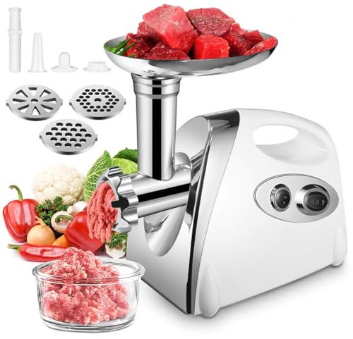 ZbOLi Meat Grinder Electric, 3 In 1 Meat Mincer & Sausage Stuffer & Kubbe Kit, Food Grinding Mincing Machine Salad Maker, Stainless Steel Tomato Strainer for Home Kitchen Use white
