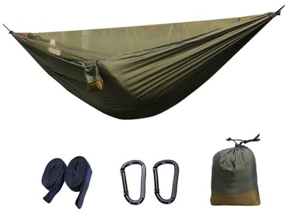 Hamac de camping léger pour 2 personnes avec moustiquaire et sangles d'arbre 2,8 x 1,4 m pour activités de plein air (vert kaki)
