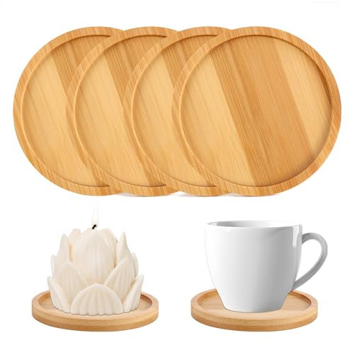 YiliYa 4 Piezas Platos de Madera para Velas, Portavelas de Velas, Natural Posavasos de Madera, Bandeja Redonda de Madera para Velas, Soporte Redondo para Velas, Bandeja Decorativa para Velas (10cm)