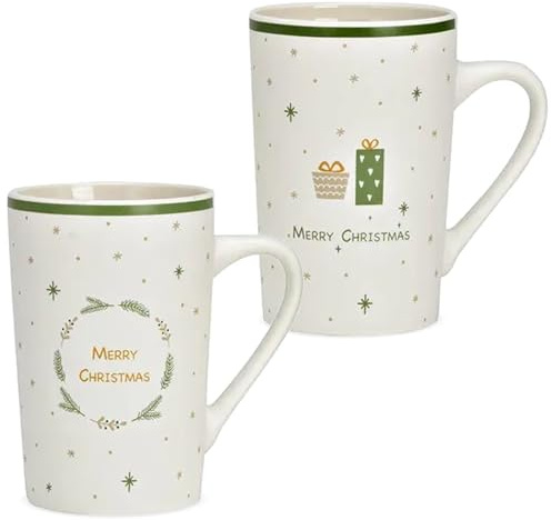 Weihnachtsbecher Set aus Porzellan 385 ml Tassen mit festlichen Spruch - Süße Kaffeetassen Ø 8 x 12 cm Merry Christmas Glühweintasse für Winter, Weihnachten - Hochwertiges Porzellan, Spülmaschinenfest