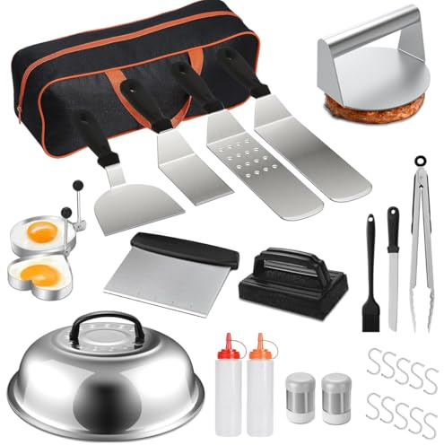 Juego de cubiertos para barbacoa de 28 piezas, accesorios para hamburguesas Smash con prensa de hamburguesas, espátula para parrilla, accesorios de plancha para barbacoas, Teppanyaki para exteriores e