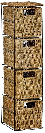 Home Source Bathroom Chest of Drawers, 4 Natural Seagrass Storage Baskets, Black Metal Frame, 65cm