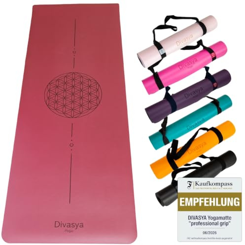 DIVASYA Premium Yogamatte rutschfest: Naturkautschuk rutschfest & japanische professional grip Oberfläche | 185x68x0,45cm | Tragegurt | 4,5mm dicke Yoga Matte rutschfest