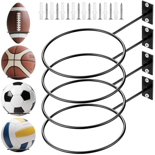 4 styck bollhållare väggfäste för basket, fotboll, väggmonterad bollställ, väggmonterad bollhållare med skruvar och plastdubba för basket, fotboll, rugby, volleyboll, metall, svart