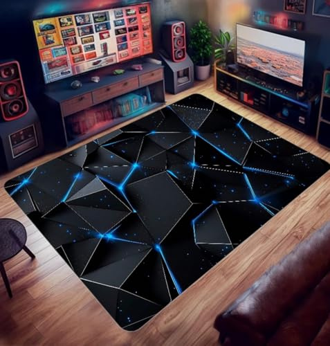 Gaming Teppiche, 3D Vision Geometrie Neon Spiele Bereich Teppich für Jungen Teenager, Gamer Teppich für Kinderzimmer, Teppich Geeignet Für Schlafzimmer E-Sport Zimmer, 120x180 cm, Schwarz Blau