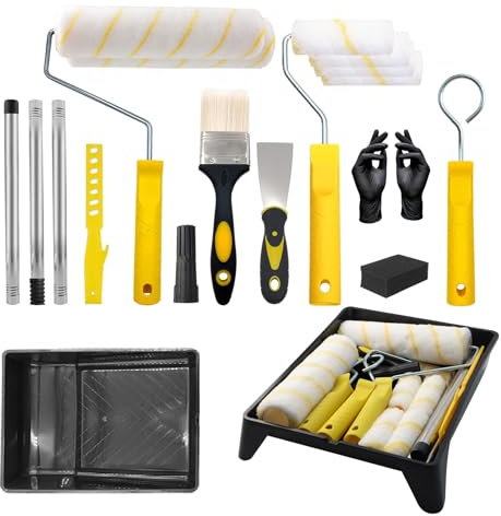 Paint Roller Set - 19Pcs 9” & 4” Roller Sets for Painting with Stainless Steel Extension Pole, Paint Rollers and Trays Sets, Microfiber Covers for Painting Walls, Ceiling, Doors, Trim (Yellow)