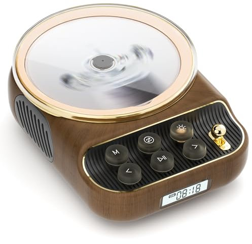 Retro CD Player Tragbar mit Bluetooth 5.3 Lautsprecher HiFi Sound Nachtlicht Staubschutz LED-Bildschirm FM-Radio Unterstützt AUX/TF Karte Kopfhörerbuchse für Geschenk Zuhause 4 in 1-Wooden