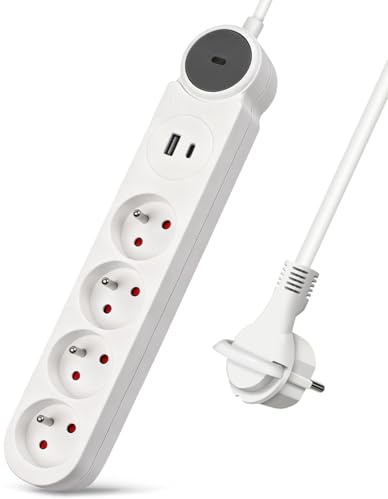 Extrastar Multiprise 4 Prises et Une Prise USB et Une Prise de Type C Chargeur,Bloc Multiprises avec Interrupteur, Rallonge 3m 230 V avec sécurité Enfant pour Maison, Bureau, Blanc