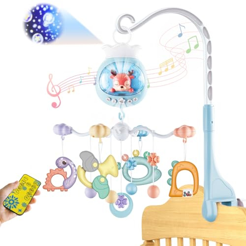 KalaDuck Carrusel Cuna Bebe Luz y Musica, Móvil Cuna Bebe Giratorio con Proyección, Temporizador y Sonajero Juguetes, Movil para Cuna Niños Niñas 0-12 Meses (Azul)