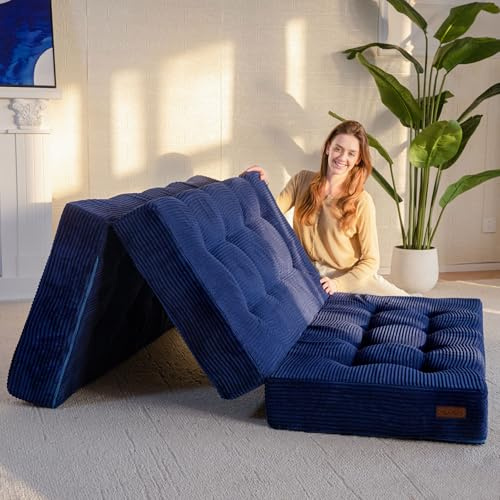 MAXYOYO Hopfällbar madrass, dubbel, bekväm manchester, vikbar madrass med 15 cm tjockt skum, tredelad golvfuton bäddsoffa för gäst, 135 x 195 cm
