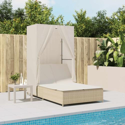 Makastle Outdoor Liege für 2 Personen, Doppelliege mit Dach und Auflagen, Verstellbarer Rückenlehne, Doppel Loungebett Sonnenliege Gartenliege für Terrasse, Garten oder Balkon, Poly Rattan