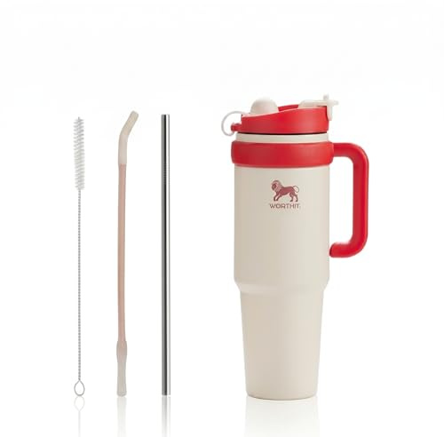 WORTHIT Tazza Termica da Viaggio in Acciaio Inox 1000ml Bicchiere Termico con Cannuccia Spazzolino per Cannucce e Manico Tazza da Caffè a Doppia Parete per Auto Ufficio Campeggio