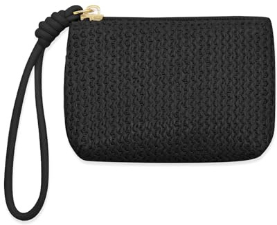 LJCZKA Straw Coin Purse for Women Small Straw Clutch Purse Zipper Wristlet Coin Wallet Bohemian Summer Beach Mini Pouch Bag with Wrist Strap (Black)