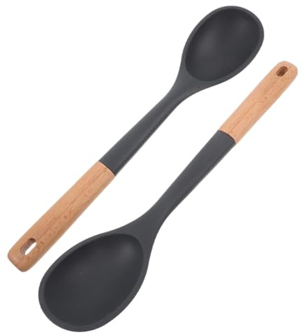 EXHUMKY 2 Stück Silikon Kochlöffel Mit Holzgriff Großer Löffel Zum Kochen Für Antihaftpfannen Hitzebeständig Zum Rühren Servieren Begießen Und Mischen
