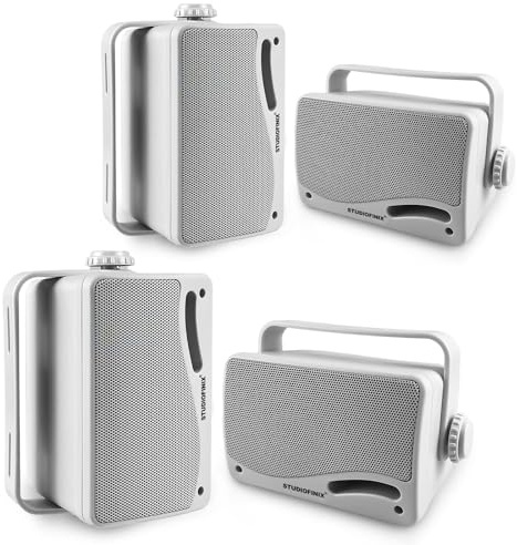 STUDIOFINIX 3.5 Utomhus/Inomhus Bluetooth Högtalare Trådbundna Vattentäta Väggmonterade Högtalare, 3-vägs 400W, Hållbar Montering för Veranda Inomhus Däck Garage (Vit 2 Par)