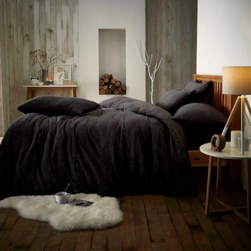 NIMORA Solid Teddy Fleece Duvet Cover Set – Ultra Soft Bedding Quilt Cover with Pillowcases (Black, Double Duvet Set)