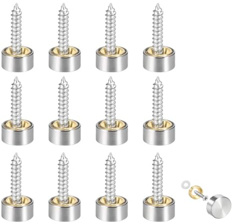 Mirror Screws Stainless Steel 16mm, Brushed Decorative Cap Covers Nails with Washers, Mirror Polished Nails Fasterner Fittings for Bath, Wardrobes, Glass Signs Advertising, Furniture, Silver, 12 Sets
