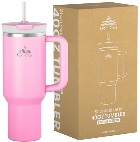 Mont-Clair Tumbler 40oz - Taza Termica Cafe para llevar con Pajita y Tapa - Vaso Termico Acero Inoxidable con Asa - Hermético - Fría durante 10 horas - Helada durante 48 horas - 1200ml - Rosa