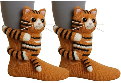 Hauetro 3D Stricksocken Damen Mit Tieren, 3D Knit Animal Socks, Lustige Handgehäkelte Tiersocken, Weihnachten Winter Kuschelsocken Umarmung, Doppellagige Tiersocken Süße Cartoon Tier Socken
