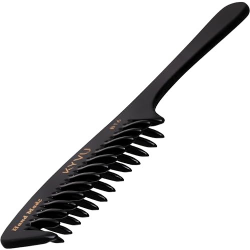 KYVU B16 sammanflätad kam med handtag – handgjord stylingkam för volym och textur – 19 cm – cellulosaacetat, svart finish