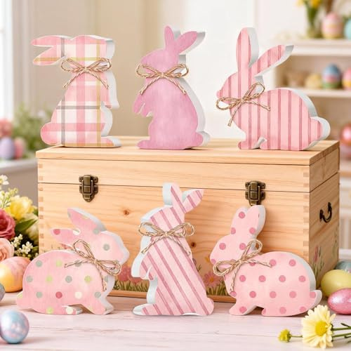Ferakum 6 Stück Osterdeko Osterhasen Figuren Holz, Rosa Ostern Hase Frühlingsdeko Holzfiguren, Moderne Osterdekoration Osterhasen Figuren Aufsteller Holz für Tisch, Fensterbank, Geschenkset