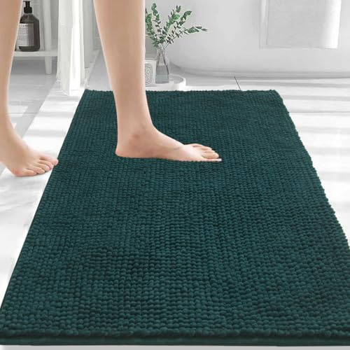 Linruione Bath Mat Non Slip Anti Mould, 1.5cm Thick 1400gsm Chenille Bathroom Mat 50 x 80 cm, Super Absorbent & Machine Washable Shaggy Shower Rug for Bathroom Floor, Bathtub & Sink, Green