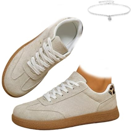Zapatos deportivos retro de leopardo para mujer, cómodos, ligeros, con puntera redonda, planos, con cordones, diseño casual de retazos para todas las estaciones, beige, 0 UK Wide
