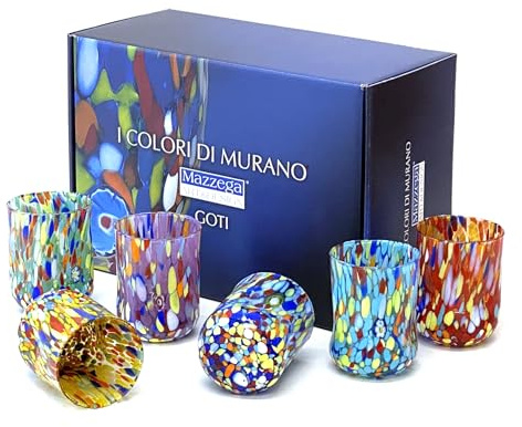 MAZZEGA ART & DESIGN - 6 verres cylindrique froissé classique, en verre soufflé, travaillé à la main, avec Murrine di Murano, ligne « Les couleurs de Murano » 400 ml Made in Italy (6, MIX-SR)