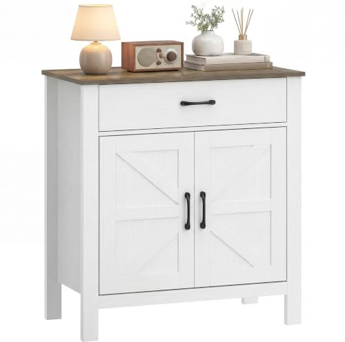 HOMCOM Sideboard mit Schublade Verstellbarem Regal, 77x39,3x81,5 cm, Weiß | Buffetschrank, Aufbewahrungsschrank, Landhausstil, Scheunentüren, Küchenschrank, Wohnzimmer, Küche, Esszimmer