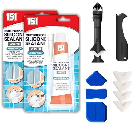 White Silicone Sealant 2x70g Bathroom Silicone Sealant Window Sealant | Kitchen, Shower Repairs, Bundled with Caulking Tool Kit, Silicone Remover Tool, Smooth Finish