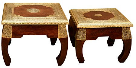 2 orientalische Opiumtische Messing in den Größen S & M als 2er Set aus Massivholz Sheesham | Vintage Beistelltische | Kunsthandwek | Couchtisch Sofatisch | MA5400