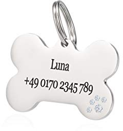 Gredstar Hundemarke mit gravur Knochen Pfote Hunde Tag aus Edelstahl mit Zirkonia und 2 Schlüsselringe