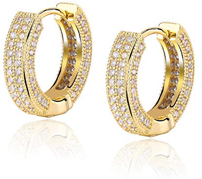 TOPGRILLZ Iced Out Hoop Earrings Cubic Zirconia Huggie Cartilage Cuff Diamond Hypoallergenic 14K Gold Plated Luxury Fashion Round Circle Earrings Jewelry Gift for Men Women