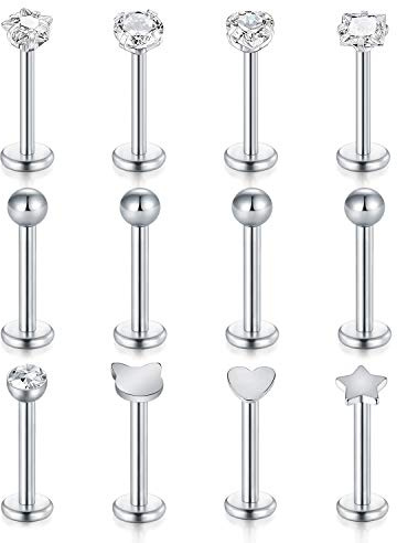 FECTAS 12er Lippenpiercing Labret Monroe Medusa Stecker Set 8mm Edelstahl 1,2mm Helix Tragus Knorpel Piercing