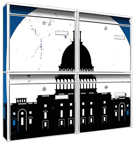 banjado Briefkastenanlage 4 Fach - Postkästen groß - verzinkter Stahl weiß DIN A4 Motiv Washington - Briefkasten Set 4 Briefkästen Namensschild, 2 Schlüssel, Montagematerial
