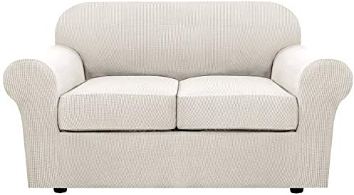 H.VERSAILTEX 3 Piece Stretch Sofa Covers for 2 Cushion Loveseat Couch Covers for Living Room Sofa Slipcovers (Base Cover Plus 2 Seat Cushion Covers) Thicker Jacquard Fabric(Medium Sofa, Ivory)